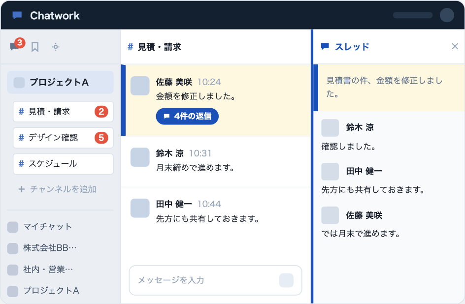 Chatwork の画面に、スレッドワークのチャンネル一覧とスレッドパネルが追加された様子