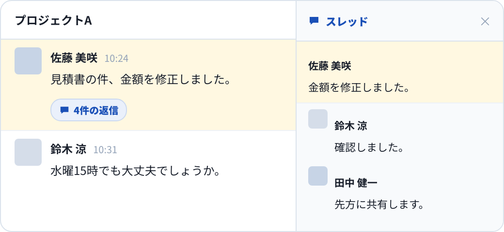メッセージの返信数バッジを押すと、その話題だけが右のパネルに開く様子