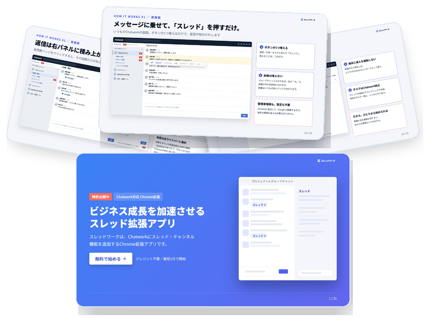 スレッドワークのサービス資料。表紙と実画面3枚のプレビュー